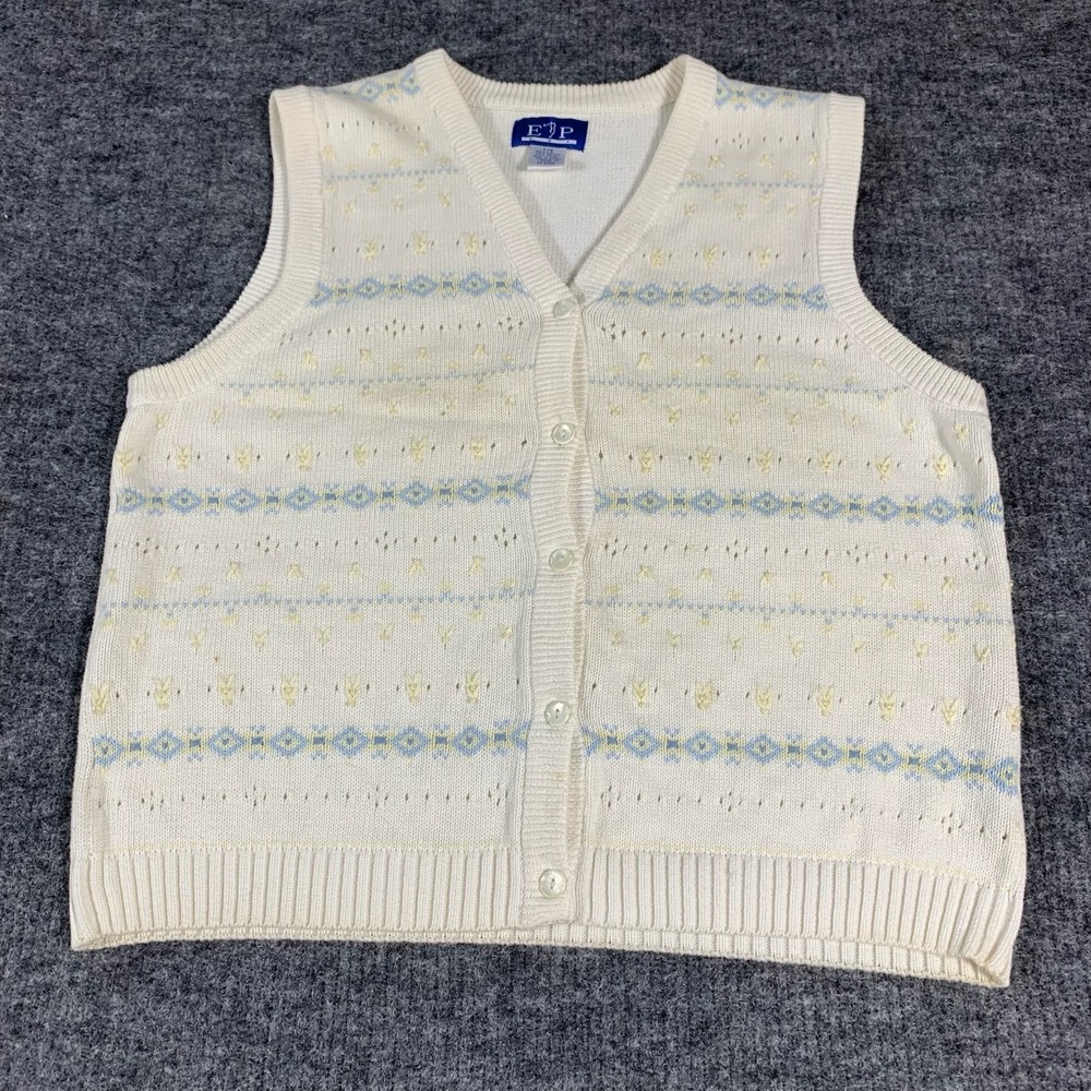 VTG EP Pro Cardigan Sweater Vest Womens L White Striped Preppy Golf Retro 90s